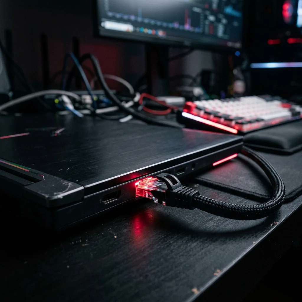 Ethernet cable plugged into a laptop