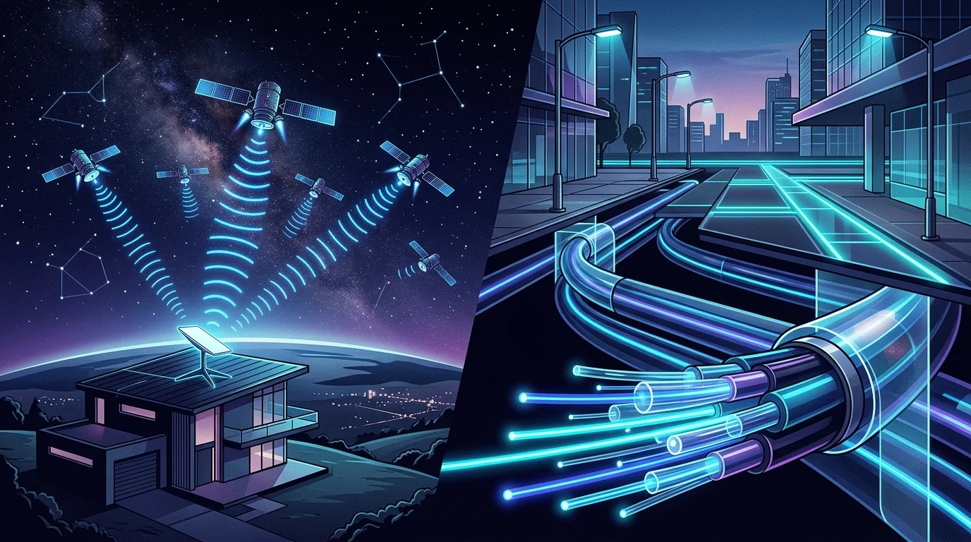 Low Earth orbit satellite array contrasted with terrestrial optical fiber